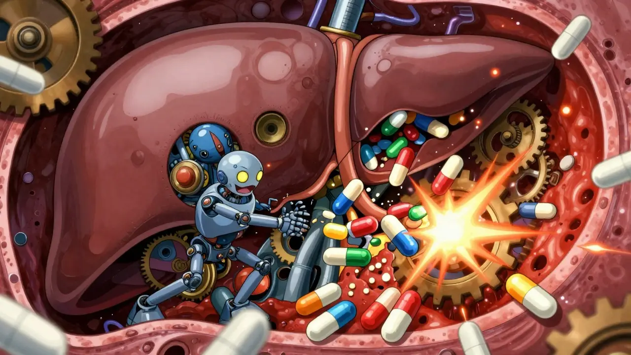 Stylized liver enzymes mechanically shredding pills, symbolizing rapid drug metabolism.