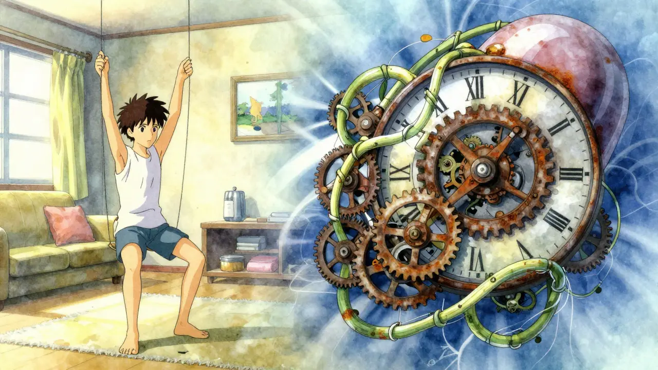 Surreal anime art showing shoulder stiffness as rusting gears and tightening vines