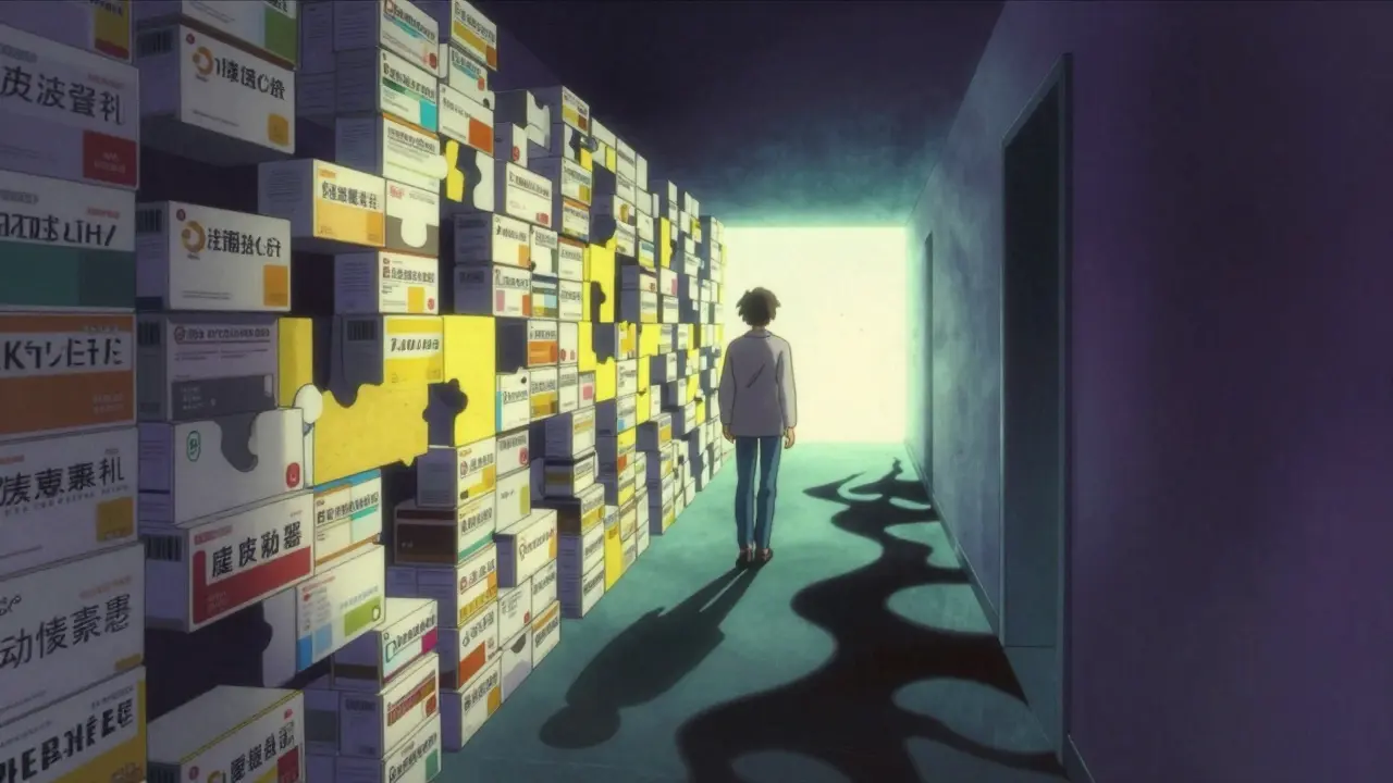 Surreal anime corridor of shifting medicine boxes leading to a bright light amidst dark shadows.