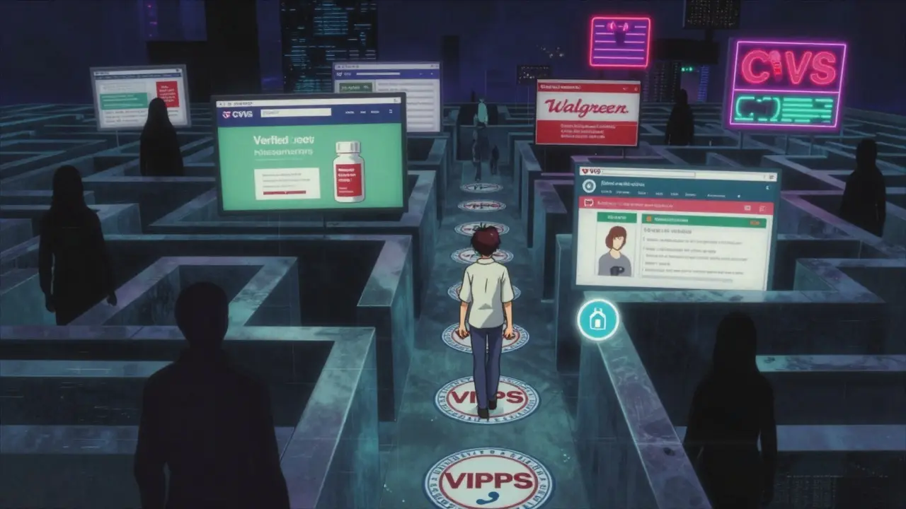 Surreal anime maze representing safe vs unsafe online pharmacies.