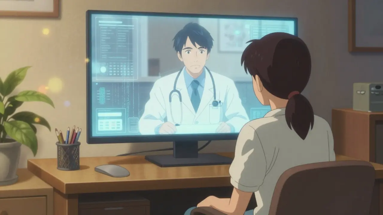 Surreal anime scene of a patient having a video call with a doctor via telemedicine.