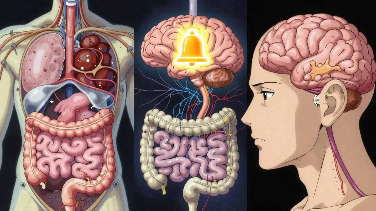 Surreal anime visualization of brain and gut mechanisms causing nausea