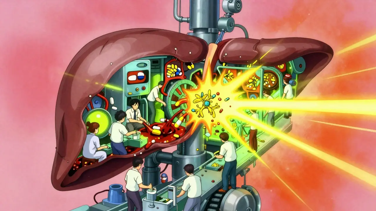 Surreal anime visualization of liver enzymes processing drugs and supplements