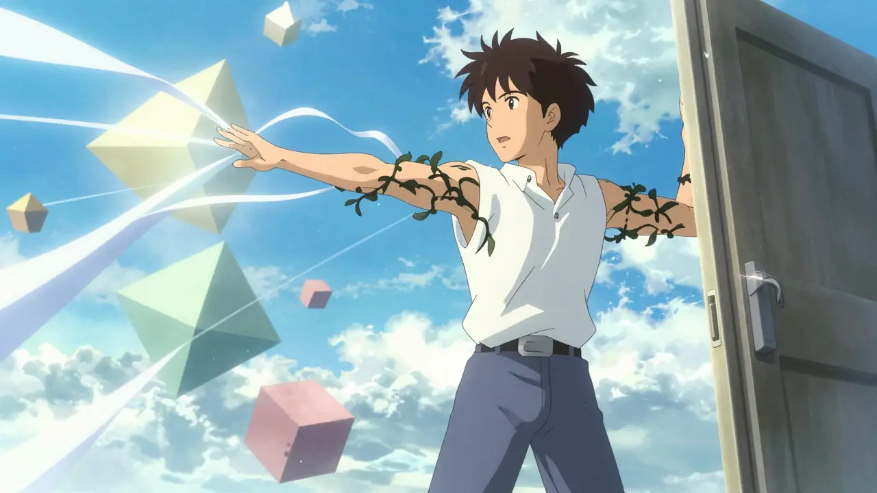 Vibrant anime illustration of shoulder recovery with loosening joints and bright skies