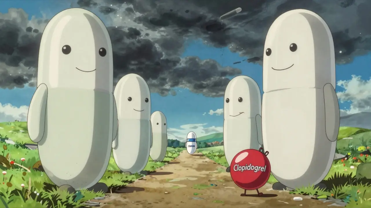 A comparative visual metaphor where unsafe PPIs like Omeprazole block the path for Clopidogrel, while safer alternatives like Pantoprazole allow safe passage. Rendered in a high-contrast, psychological anime style.