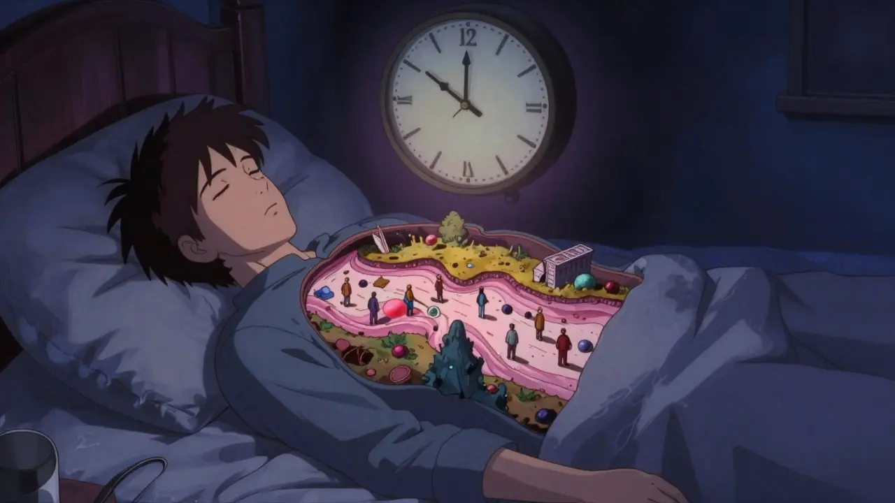 A sleeping person's chest reveals a miniature landscape of immune cells working during a slow recovery timeline.
