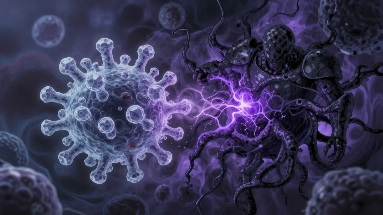 Abstract anime visualization of MRSA bacteria merging into resistant hybrid strains.