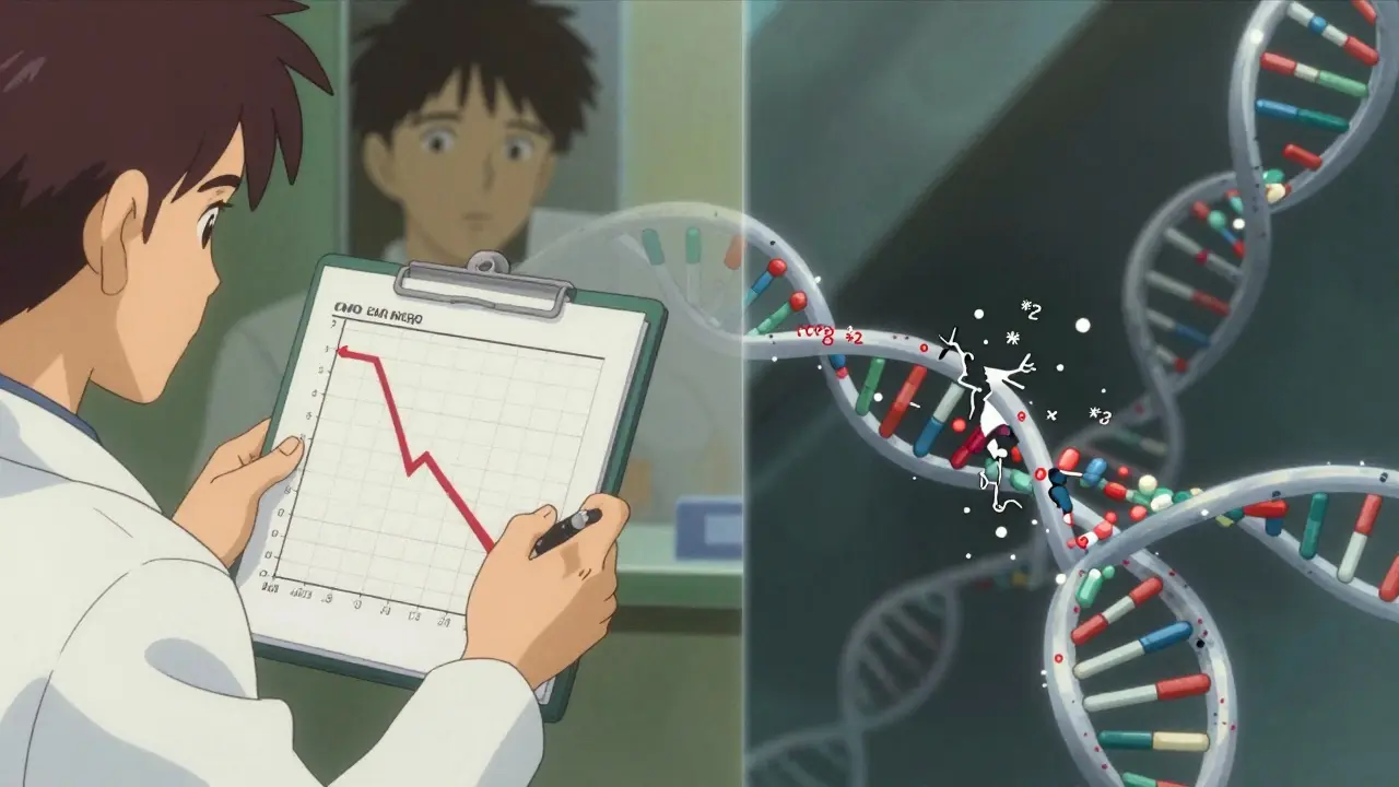 An abstract, dreamlike scene showing genetic factors (DNA strands) influencing drug metabolism. Broken gene links represent poor metabolizers, highlighting the risk of reduced Clopidogrel efficacy.