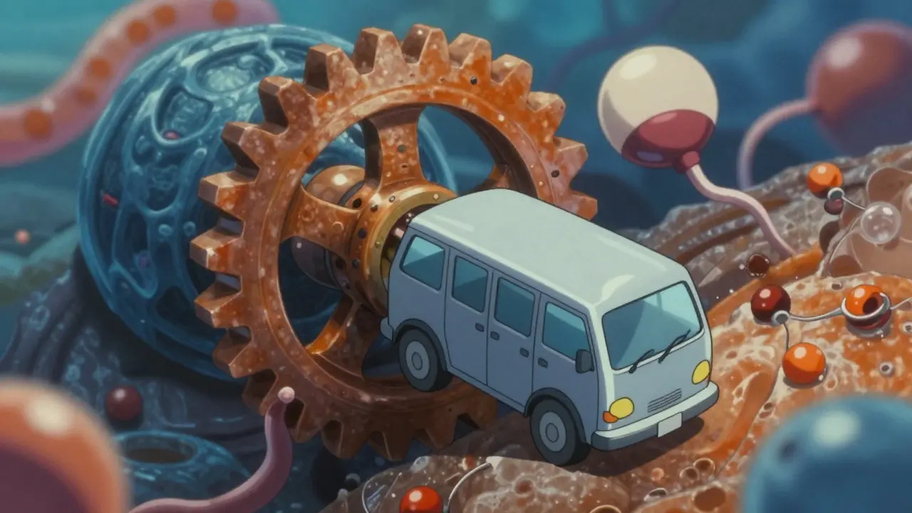 Close-up artistic rendering of the CYP2C19 enzyme mechanism being jammed by an Omeprazole molecule, preventing Clopidogrel from becoming active. Features detailed mechanical-biological hybrid imagery.