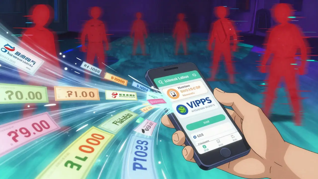 Digital stream of coupons flowing from phone, avoiding red scam warnings
