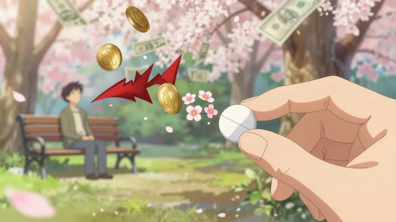 Dreamlike anime scene of ibuprofen tablet turning into coins and flowers for relief