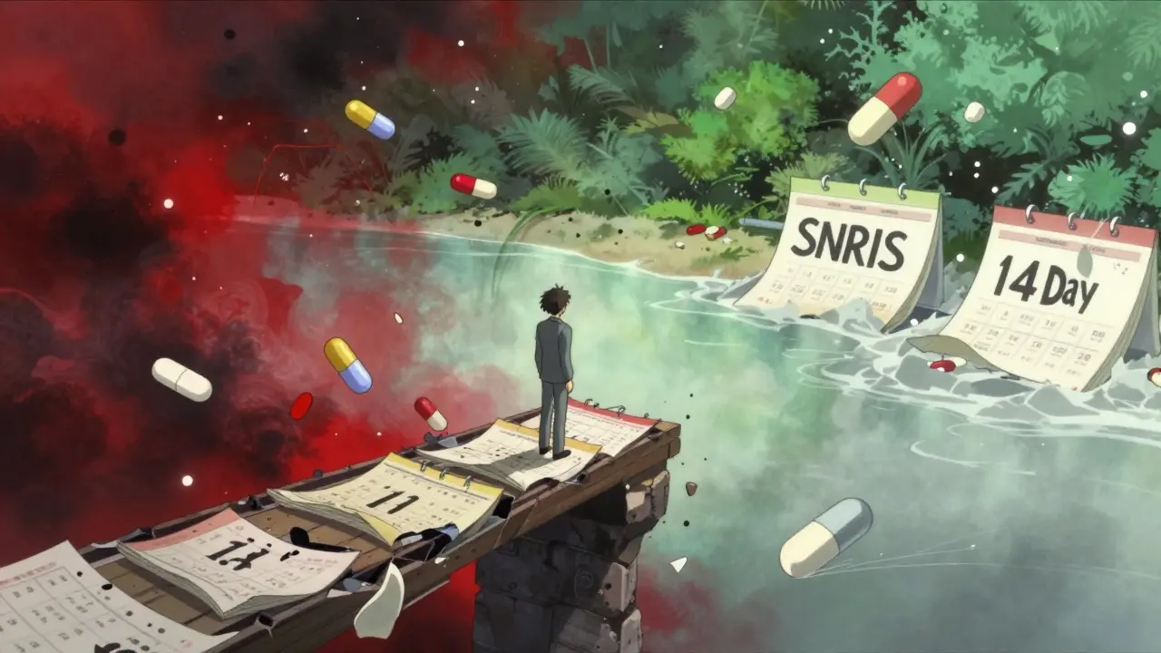 Figure on crumbling calendar bridge transitioning to safer medication alternatives