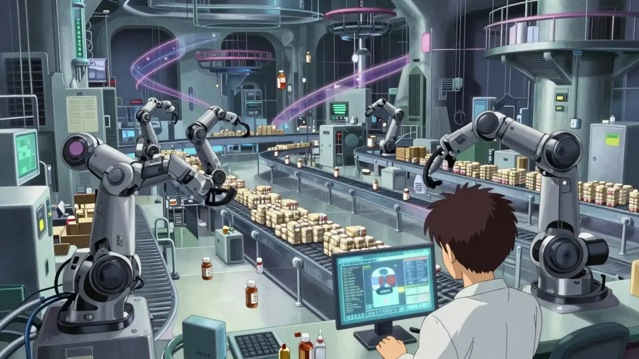 Futuristic automated warehouse with robotic arms sorting generic medications in a surreal, high-tech environment.