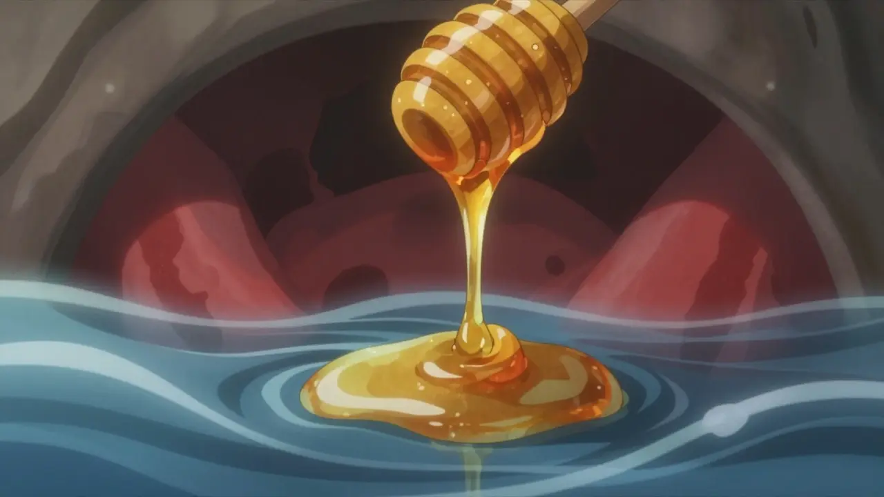 Golden honey transforming into soothing waves over irritated airways, blending medical imagery with fantasy.