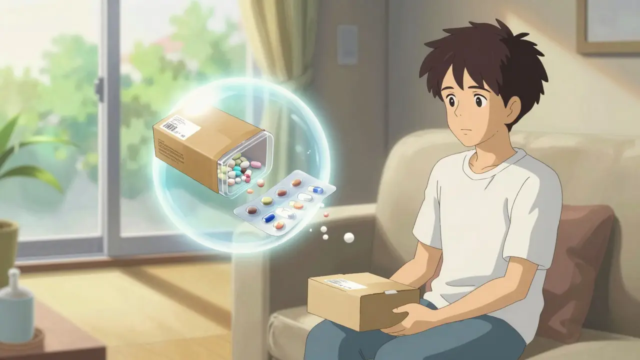 Peaceful character receiving glowing package of affordable medication