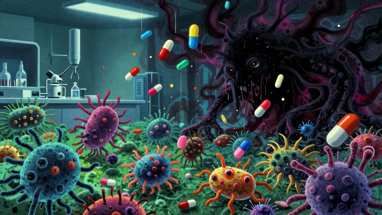 Shadowy bacterial monsters resisting falling antibiotic pills, illustrating antibiotic resistance in a chaotic, abstract setting.