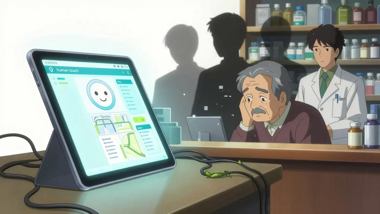 Split image contrasting digital pharmacy convenience with the loss of human pharmacist interaction and tech barriers.