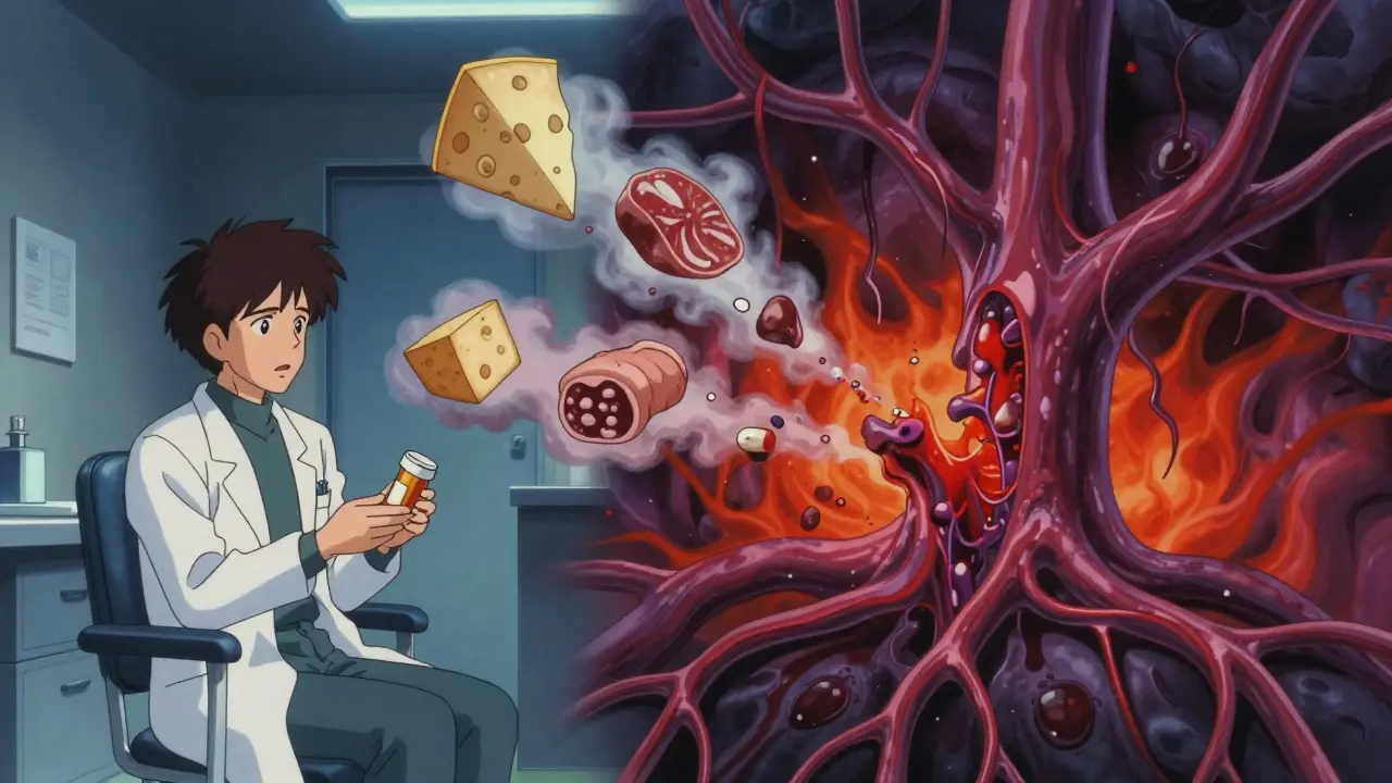 Split scene of anxious patient and constricting blood vessels with food toxins