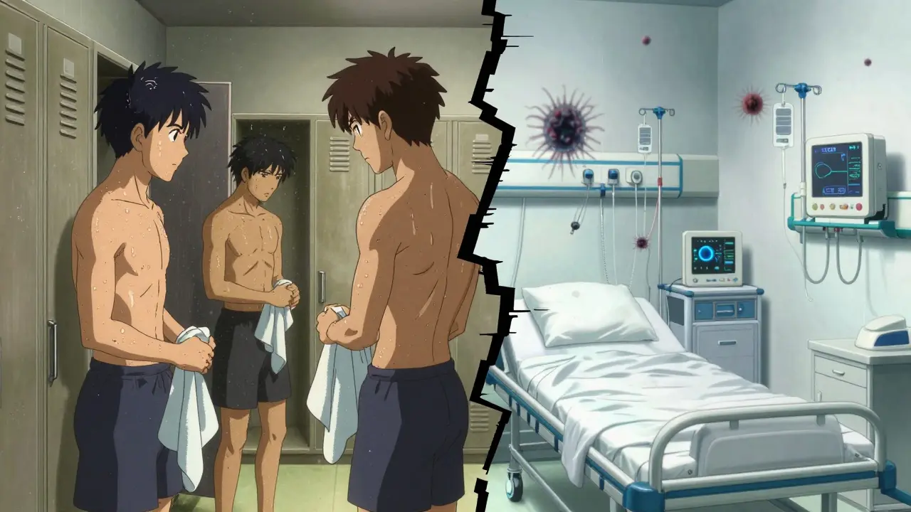 Split-screen anime art showing MRSA spreading in a gym and a hospital setting.