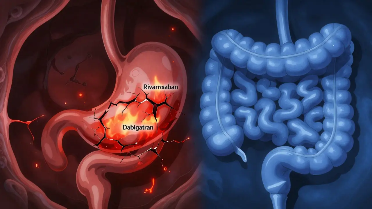 Split view of turbulent red vs calm blue stomach interiors representing bleeding risks.