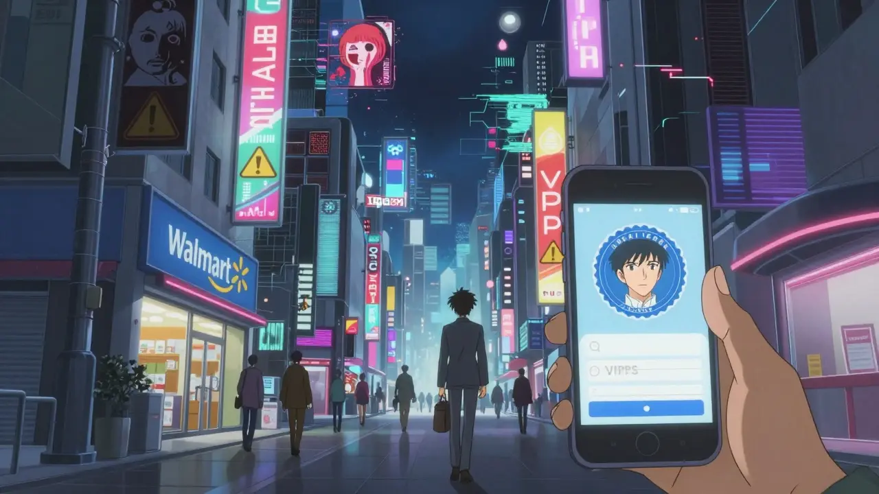 Surreal anime cityscape showing safe online stores vs dangerous dark alley pharmacies