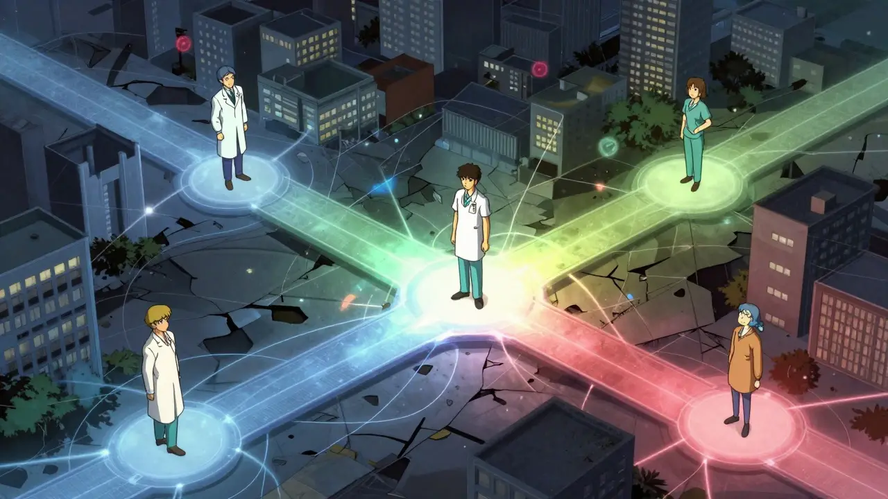 Surreal visualization of connected healthcare specialists and ecosystems