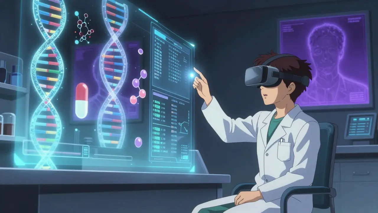 Technician using VR for futuristic drug identification training