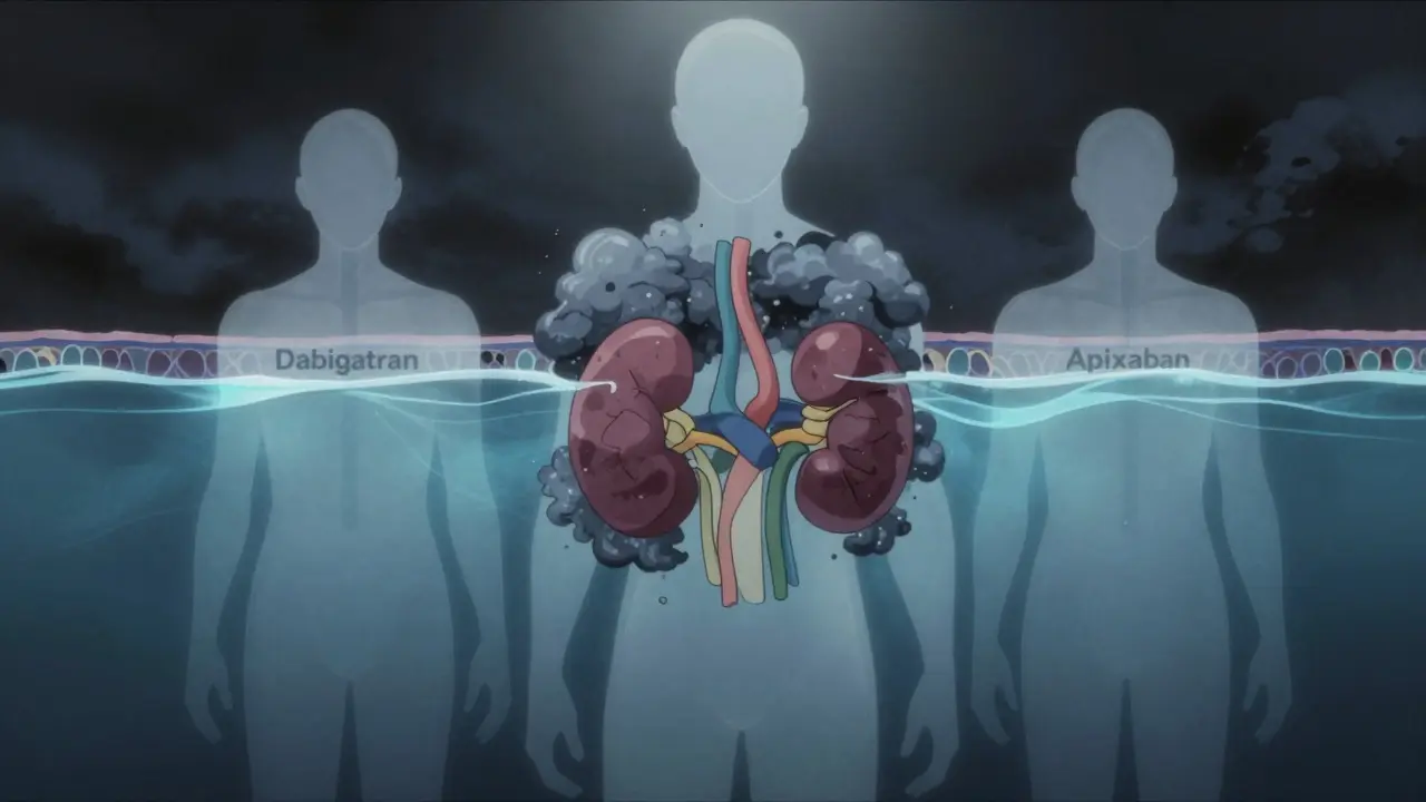 Translucent figures standing amidst flowing water and filters symbolizing kidney clearance.