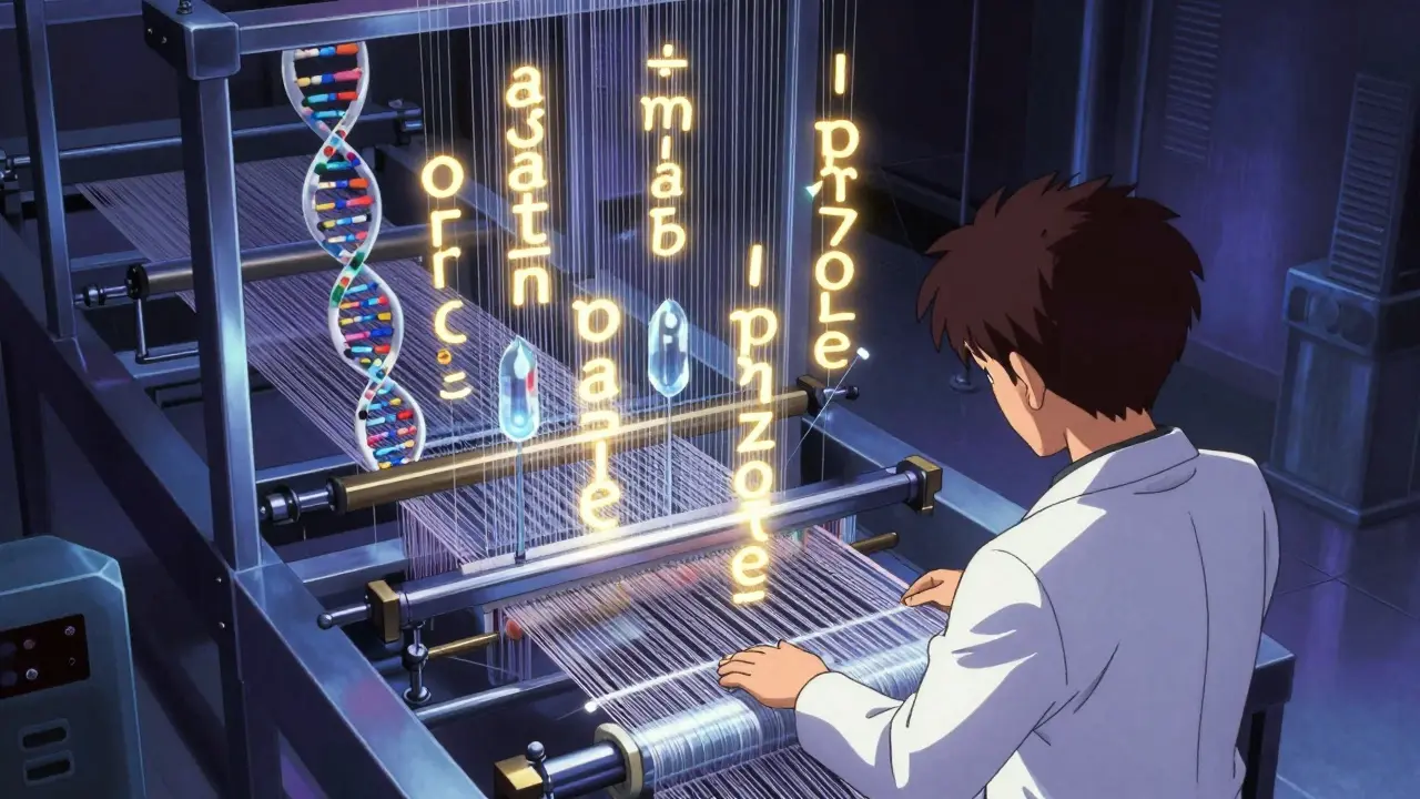 Anime illustration of drug stems like -statin being woven on a magical loom