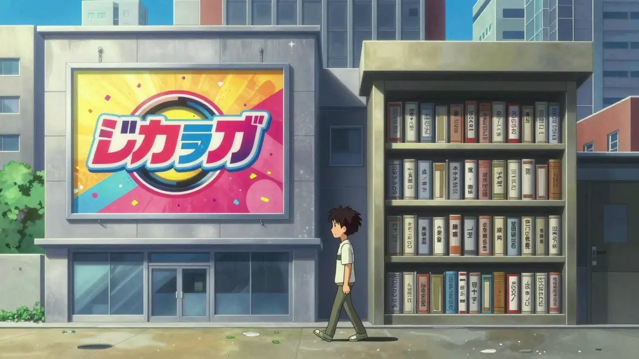 Anime scene contrasting flashy brand drug ads with simple generic medicine