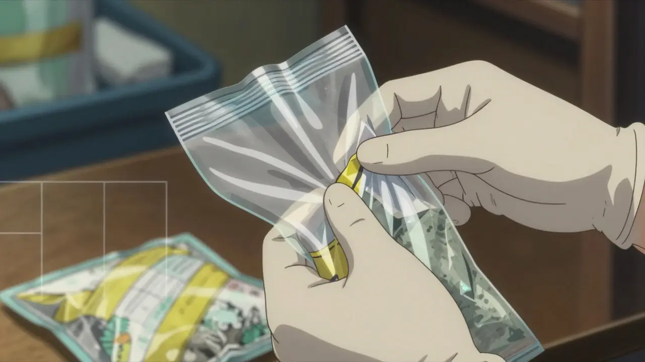 Close-up view of gloved hands performing the double-bagging disposal method for hazardous pharmaceutical waste, emphasizing safety protocols in a stylized manner.