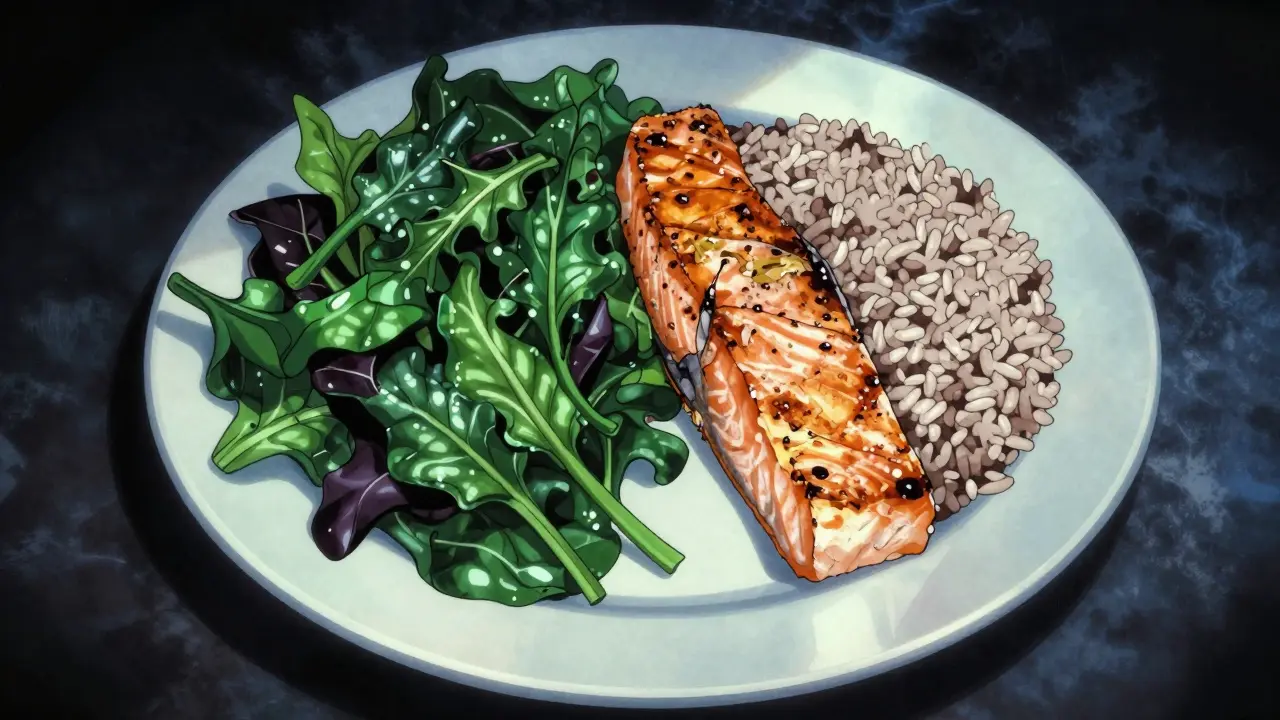 Dramatic close-up of balanced meal plate with fish and veggies