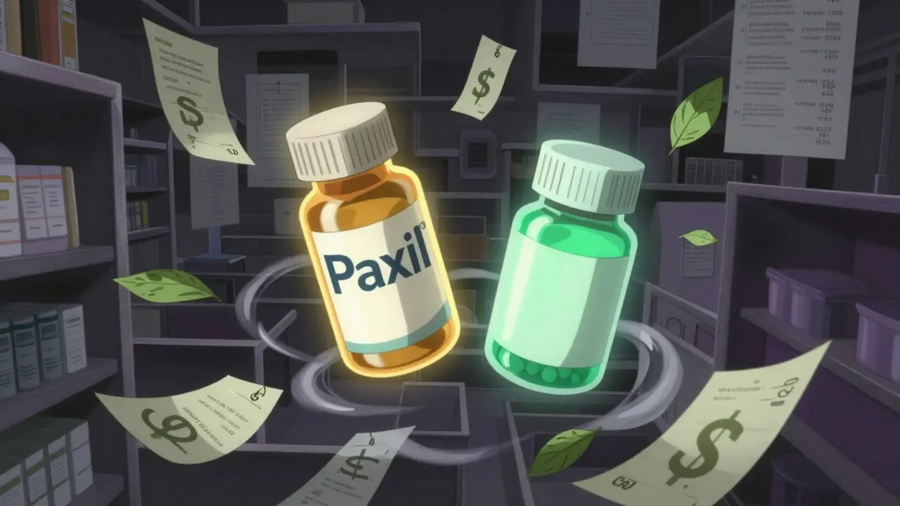 Floating brand vs generic pills with gold and green auras in surreal space