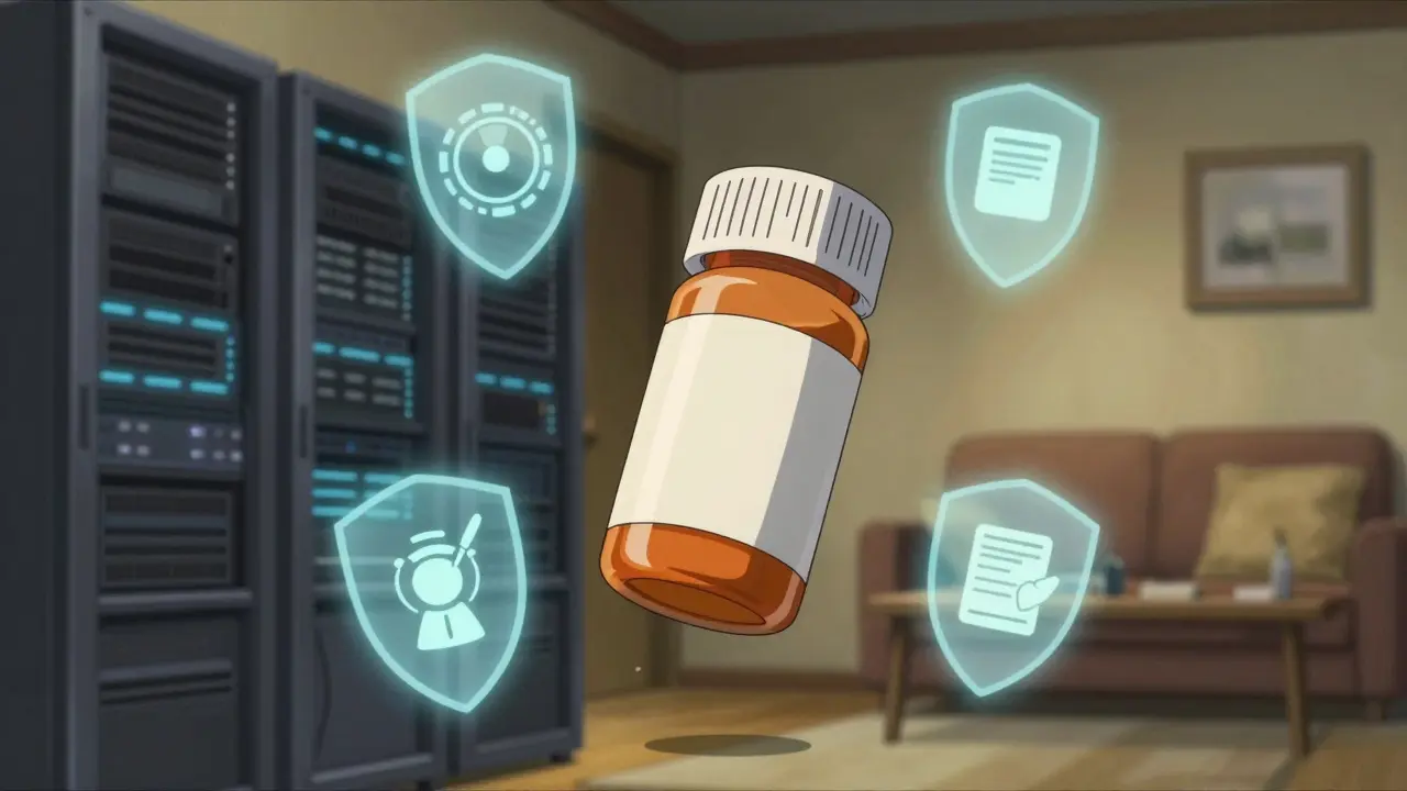 Floating pill bottle protected by glowing safety shields in anime style