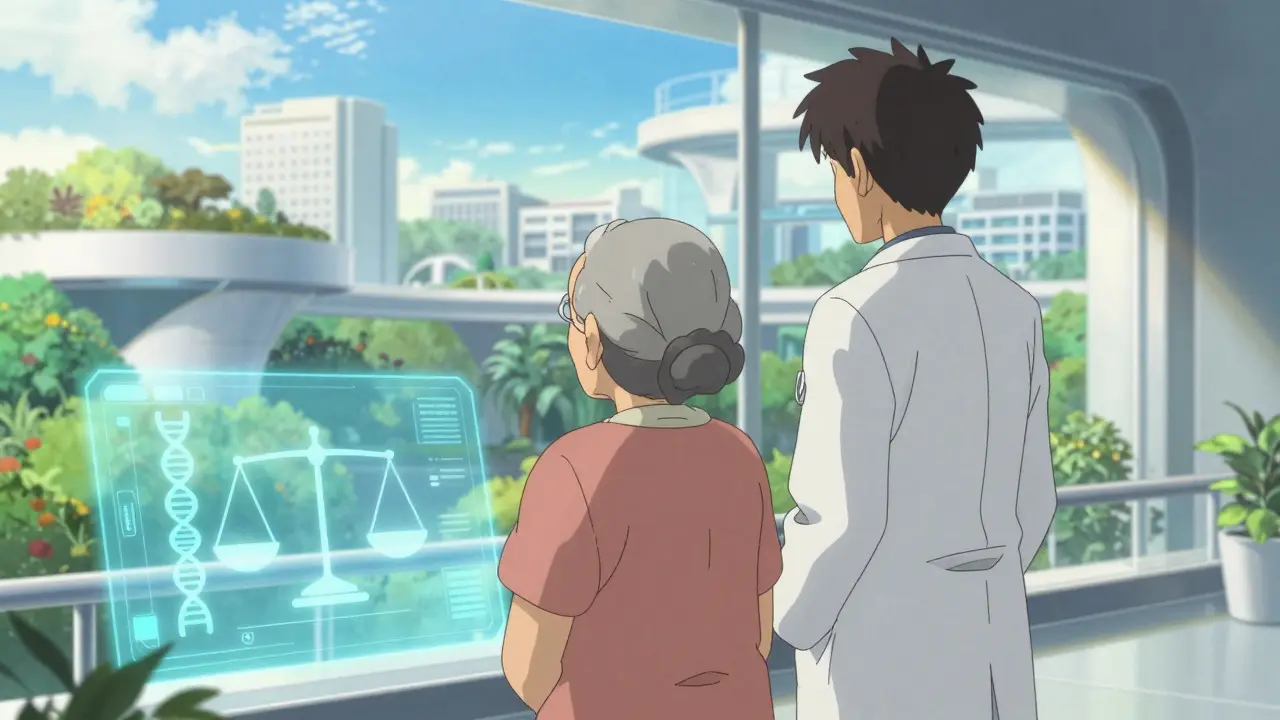 Hopeful anime scene of doctor and patient viewing a serene, futuristic landscape of health.
