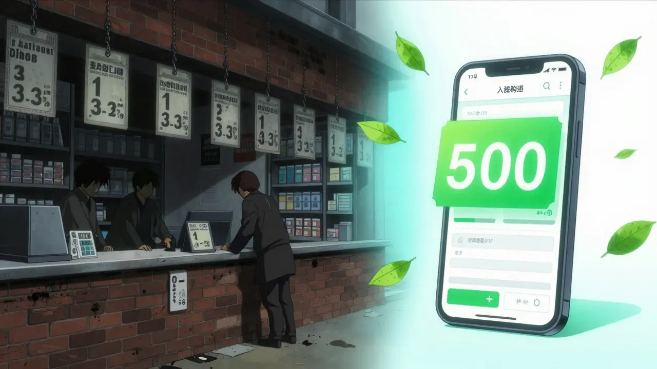 Manga art contrasting dark physical pharmacy with bright digital discount space