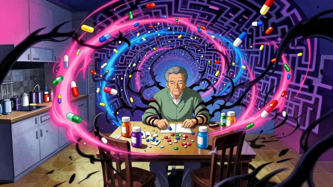 Manga art of an elder surrounded by swirling pills transforming into chaotic, dangerous shadows.