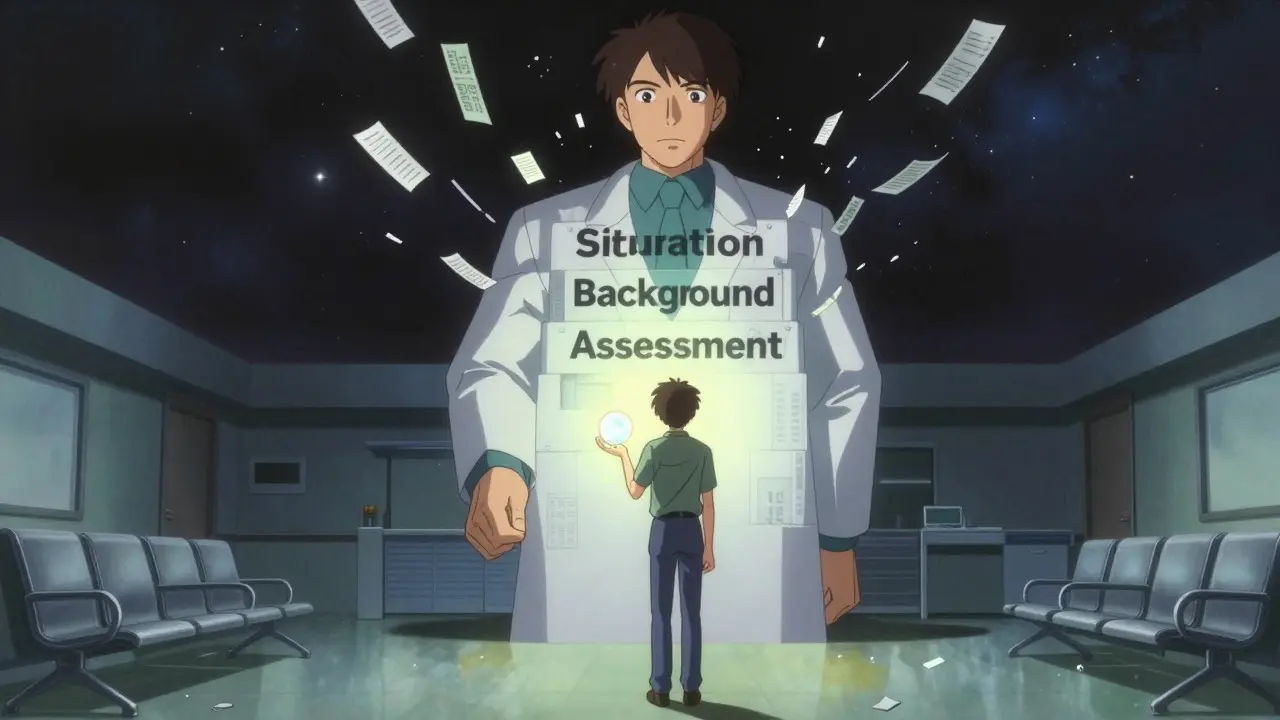 Patient presenting data orb to architecturally structured doctor figure