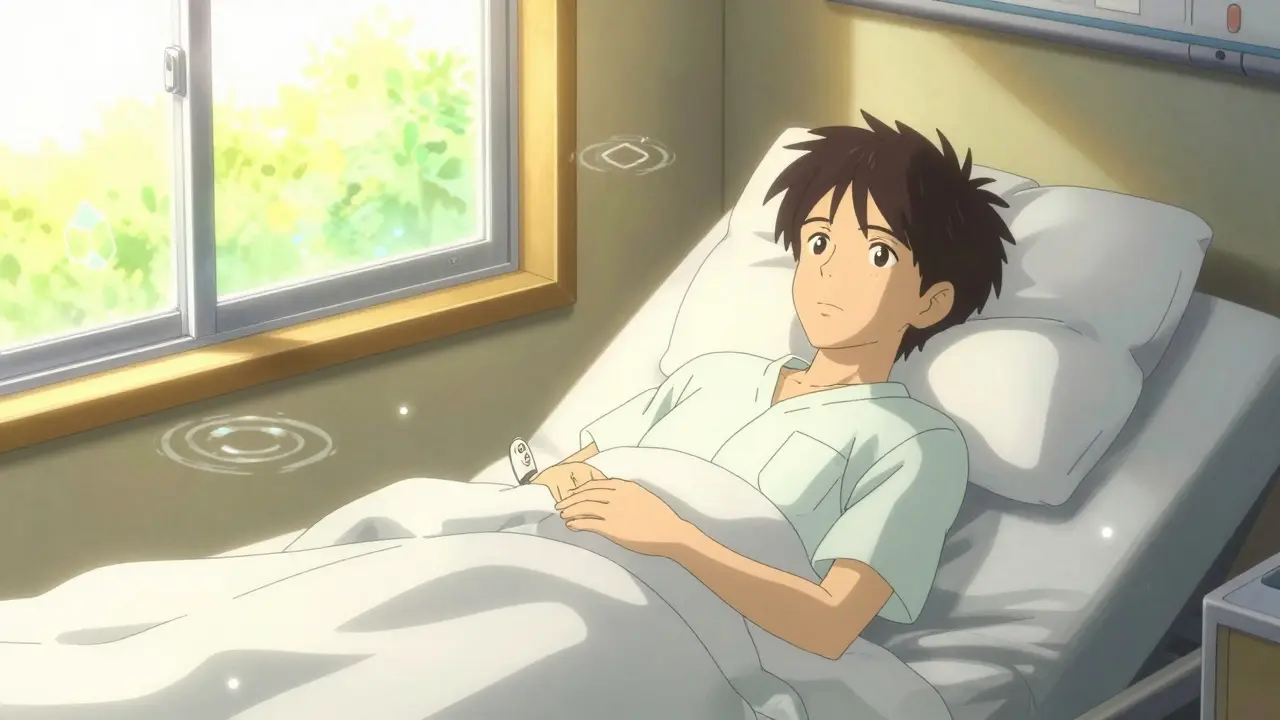 Patient waking up refreshed in a sunlit room, holding a remote, symbolizing restful sleep and relief.