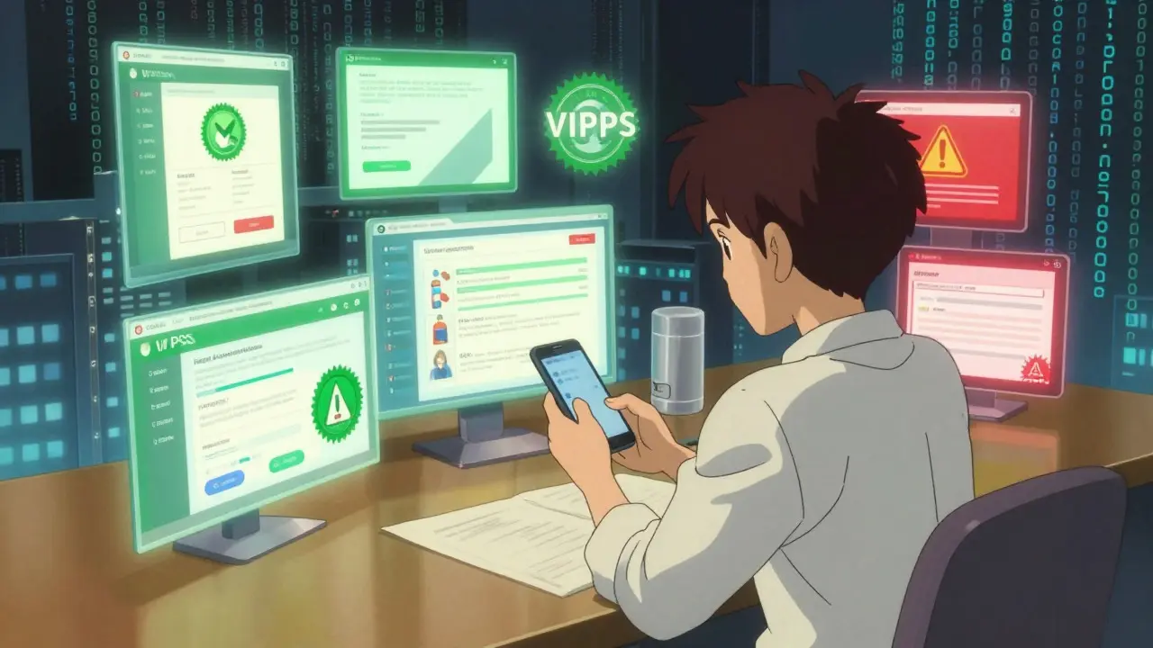 Person choosing safe online pharmacy amidst floating digital screens