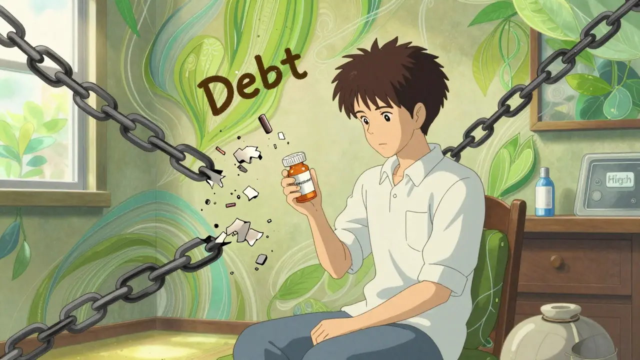 Person feeling relief as debt chains break while holding affordable medicine.