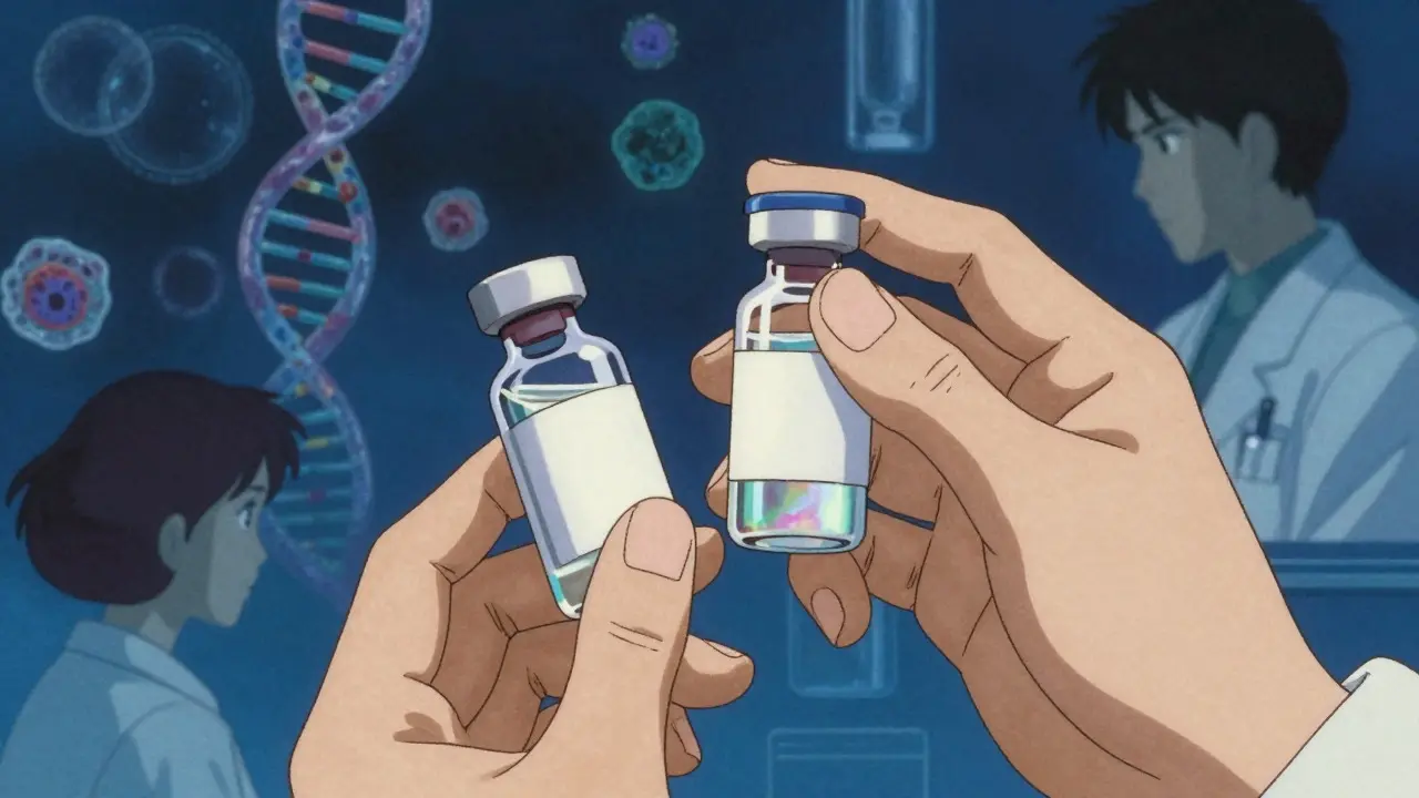 Pharmacist comparing two vials with abstract medical background