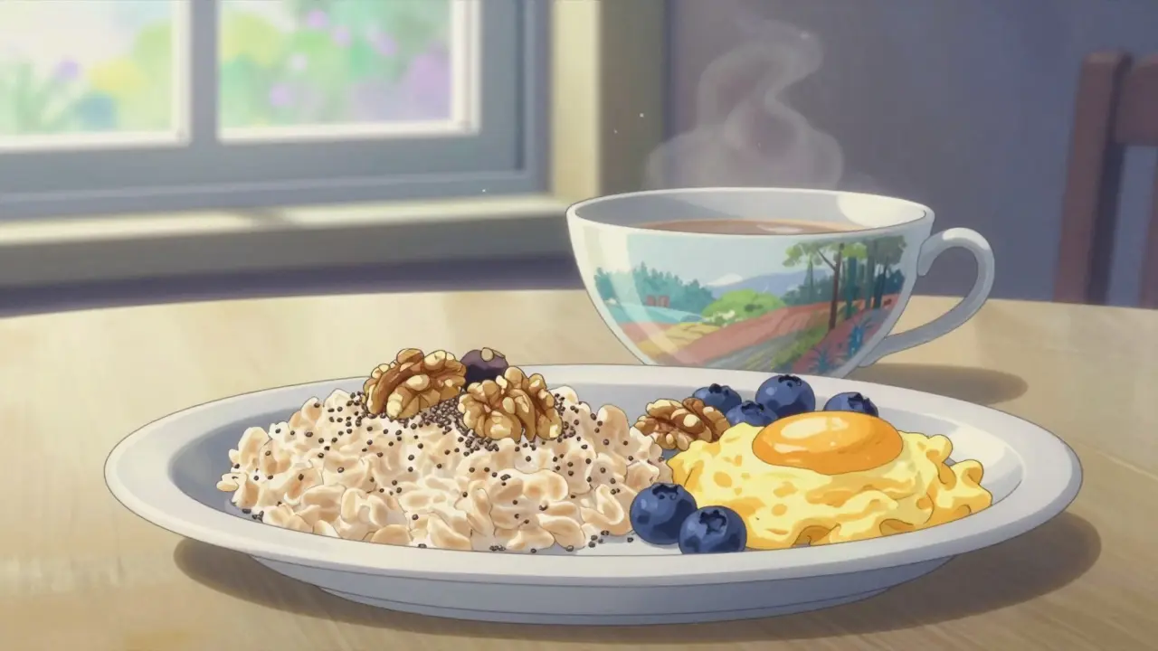 Serene breakfast table with oats and fruit in dreamlike light