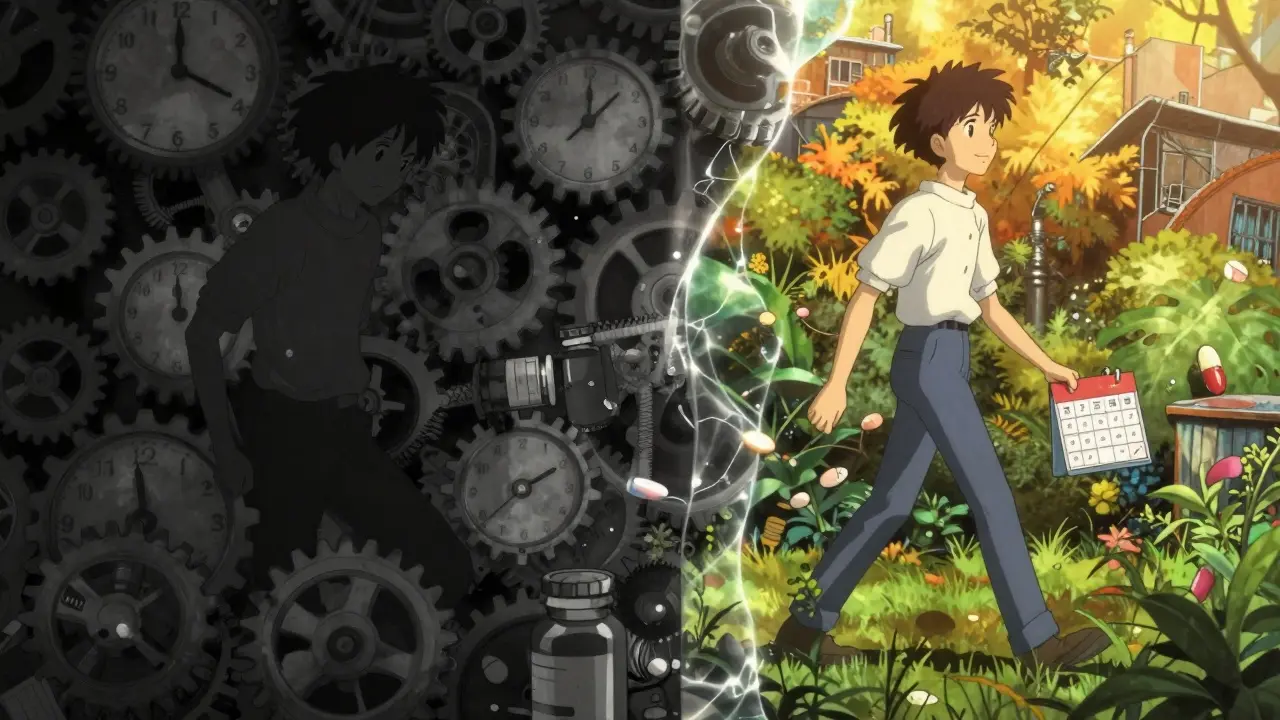 Split-screen anime image contrasting anxiety of daily meds with freedom of long-acting injections.