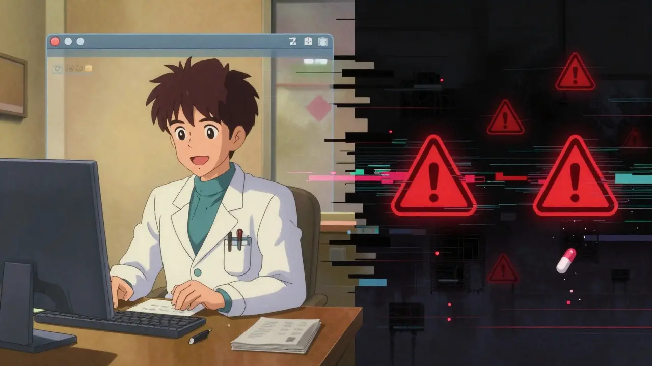 Split view of safe online doctor consult vs dangerous fake pharmacy sites.