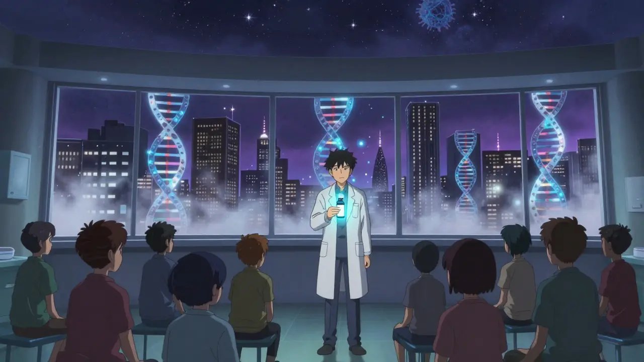 Surreal anime scene of a clinic merging with stars, symbolizing global access to HIV treatments.