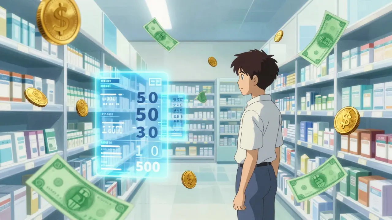 Surreal scene of medicine prices dropping with digital discounts in anime art