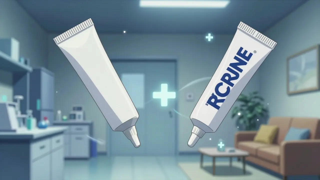 Two medicine tubes merging into each other in a surreal blue void