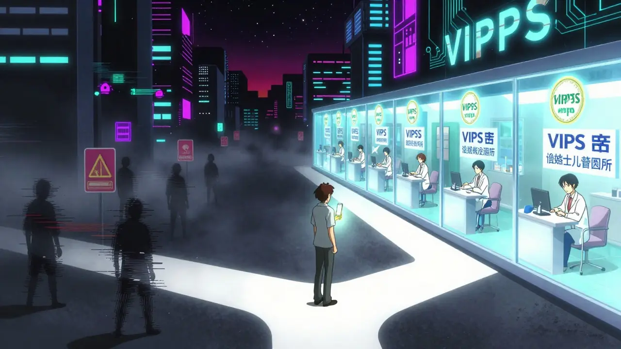 User choosing safe pharmacy path illuminated by phone in neon digital city