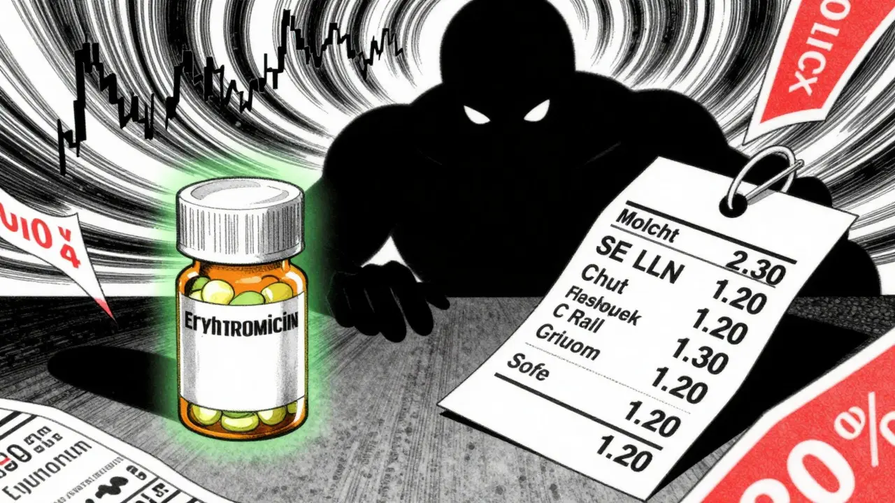 Abstract art contrasting cheap and expensive medication prices with glowing pills and shadows.